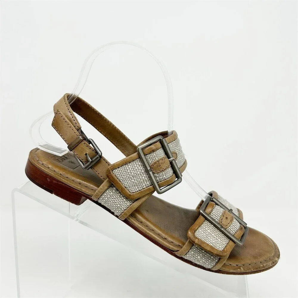 Frye Phillip Buckle Slingback Sandals Womens Beige Taupe Flat Double Size 7.5